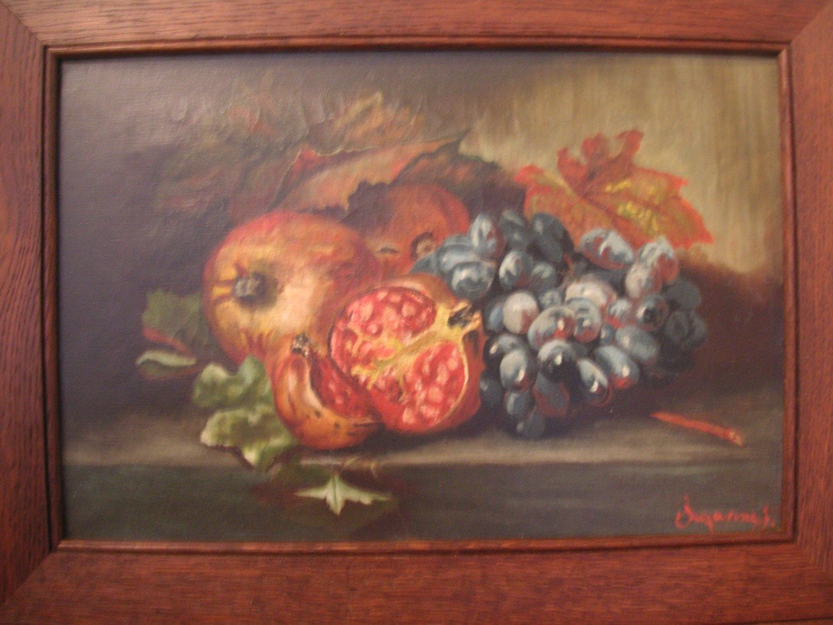 "Fruits" huile sur toile encadrée fin XIXème/ Ep. Art nouveau-photo-2