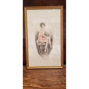 Erotic Art Deco Period Engraving / Young Topless Woman With Cigarette