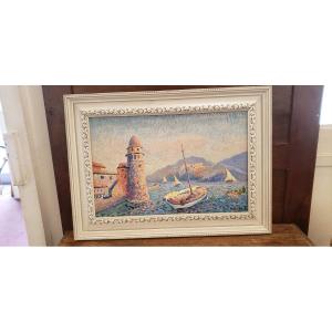 "view Of Collioure" Signed E.dutard / Oil On Pointillist Panel 