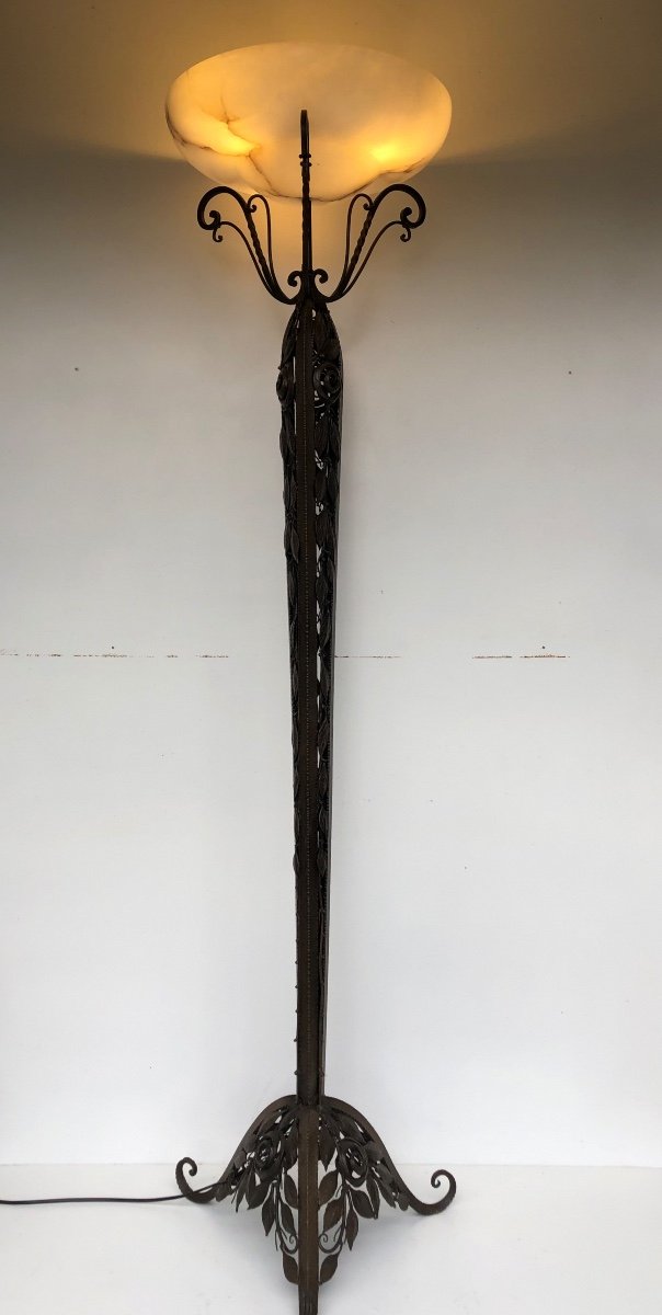 Lampadaire Art Déco Fer Forgé Et Albâtre -photo-4