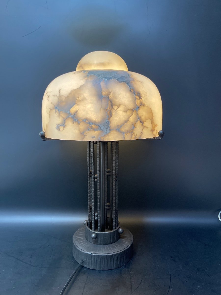 Art Deco Alabaster And Wrought Iron Lamp-photo-2