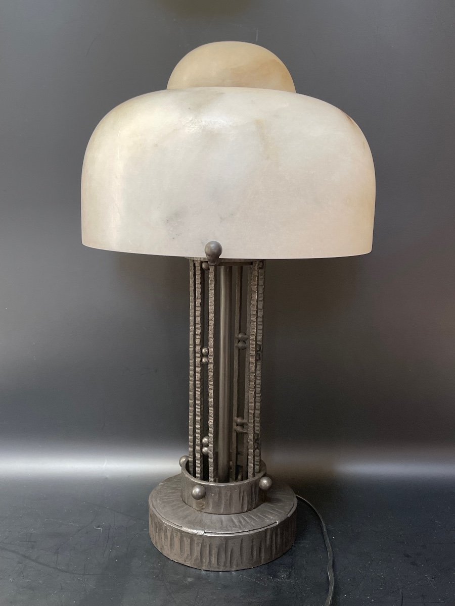 Art Deco Alabaster And Wrought Iron Lamp-photo-3