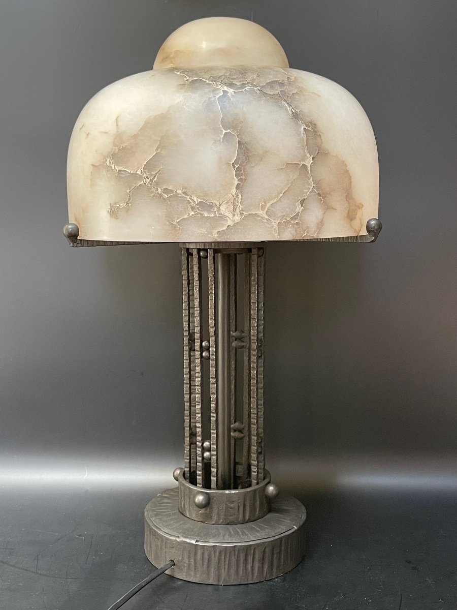Art Deco Alabaster And Wrought Iron Lamp