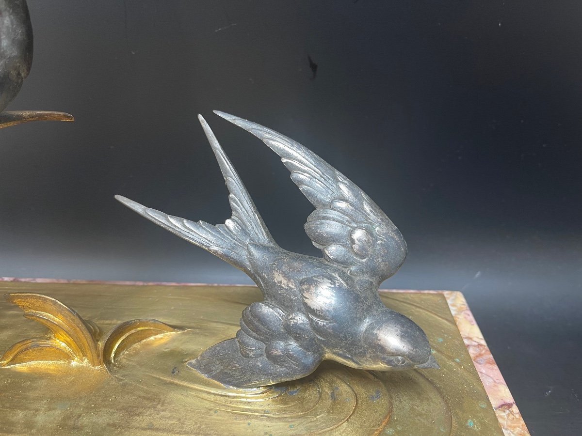 M Buzelin Bronze Art Deco Flight Of The Swallows-photo-2