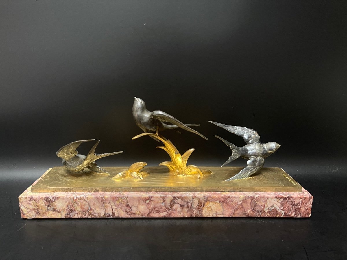 M Buzelin Bronze Art Deco Flight Of The Swallows-photo-4