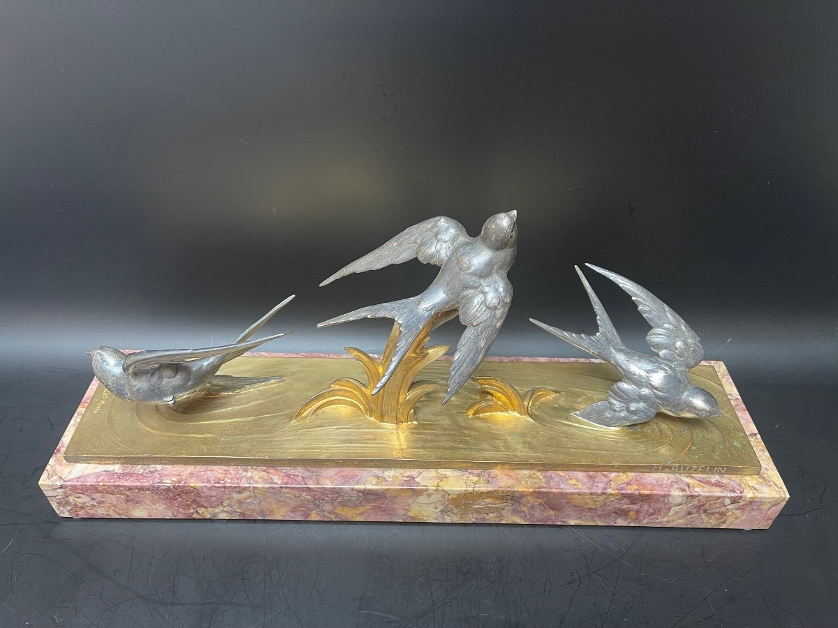 M Buzelin Bronze Art Deco Flight Of The Swallows