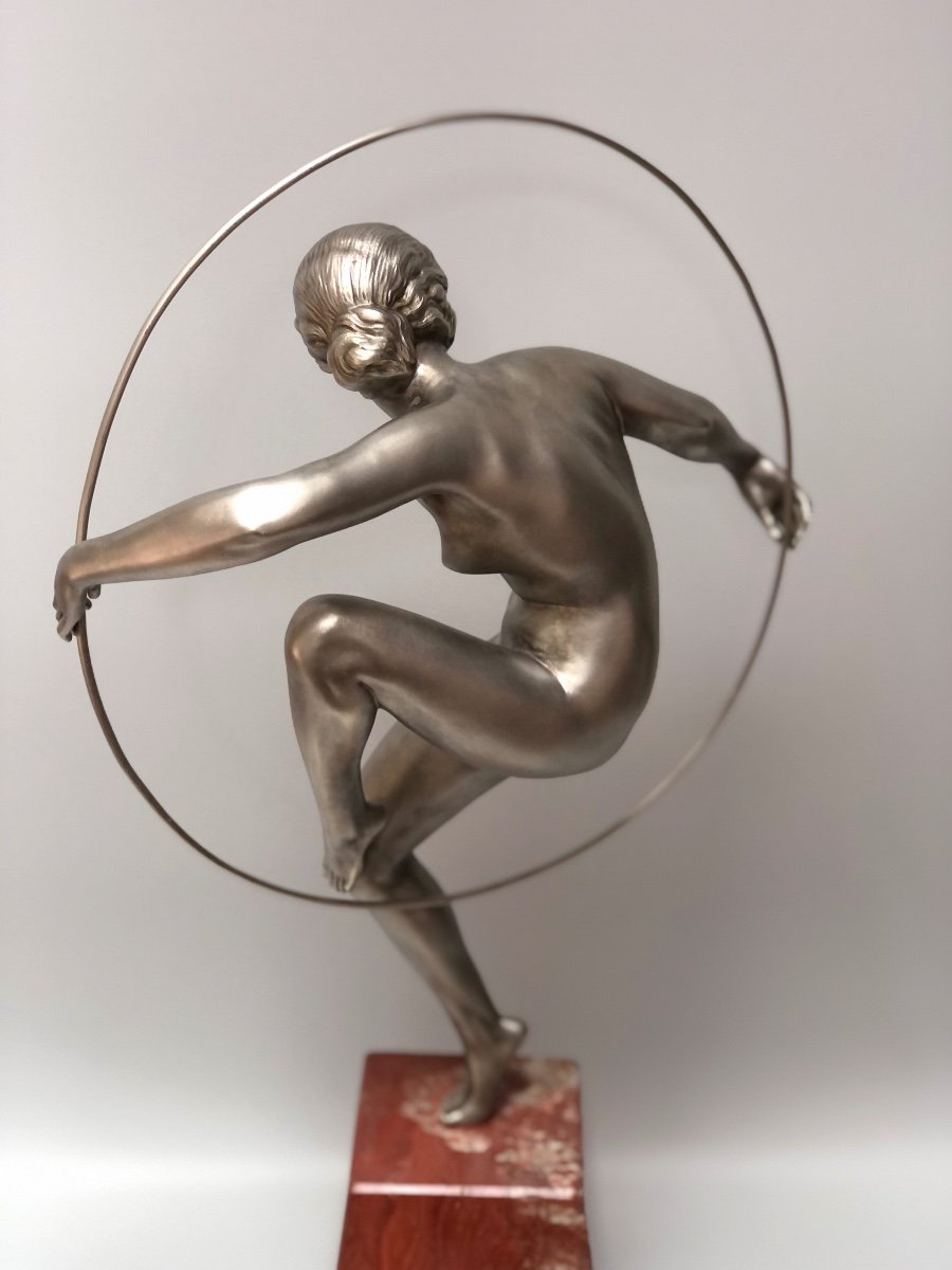 Marcel André Bouraine Bronze Art Déco Danseuse Au Cerceau -photo-3