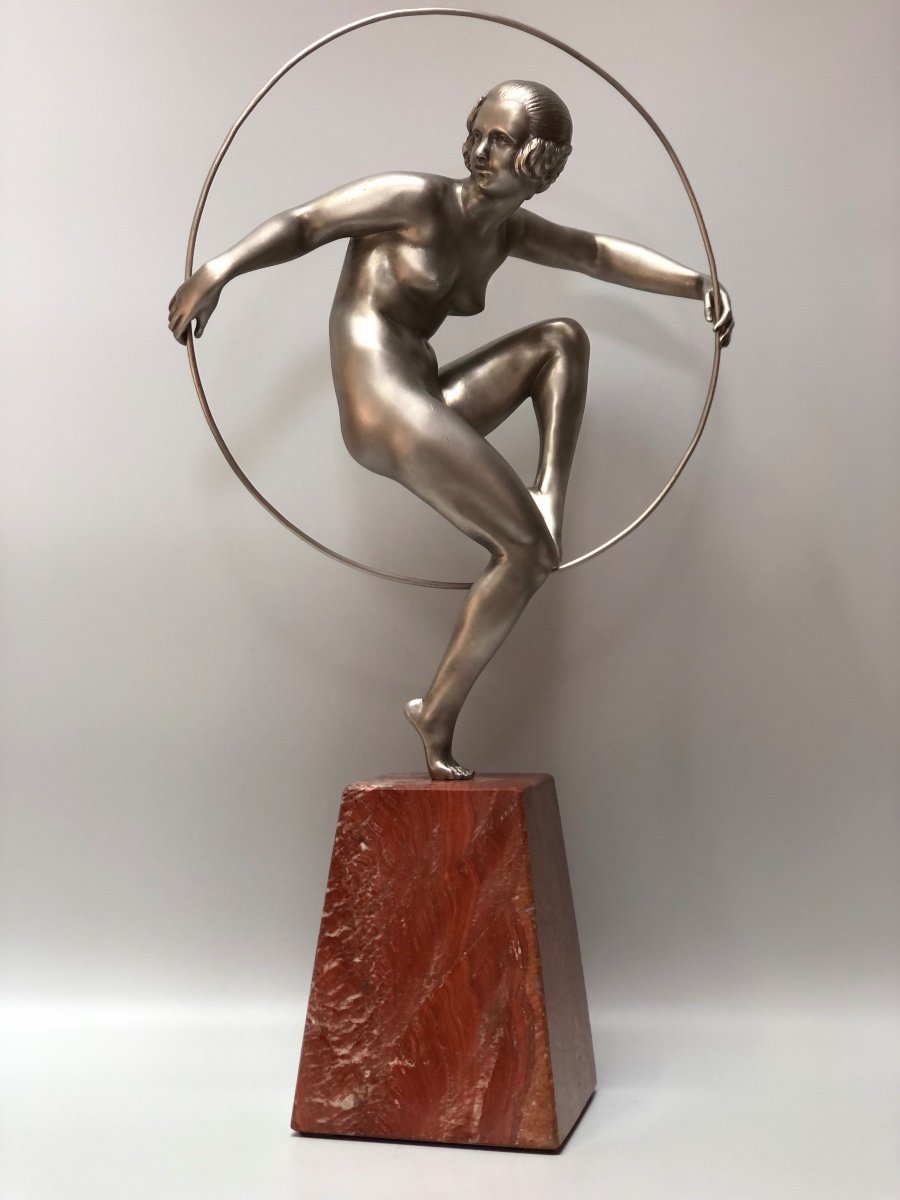 Marcel André Bouraine Bronze Art Déco Danseuse Au Cerceau 