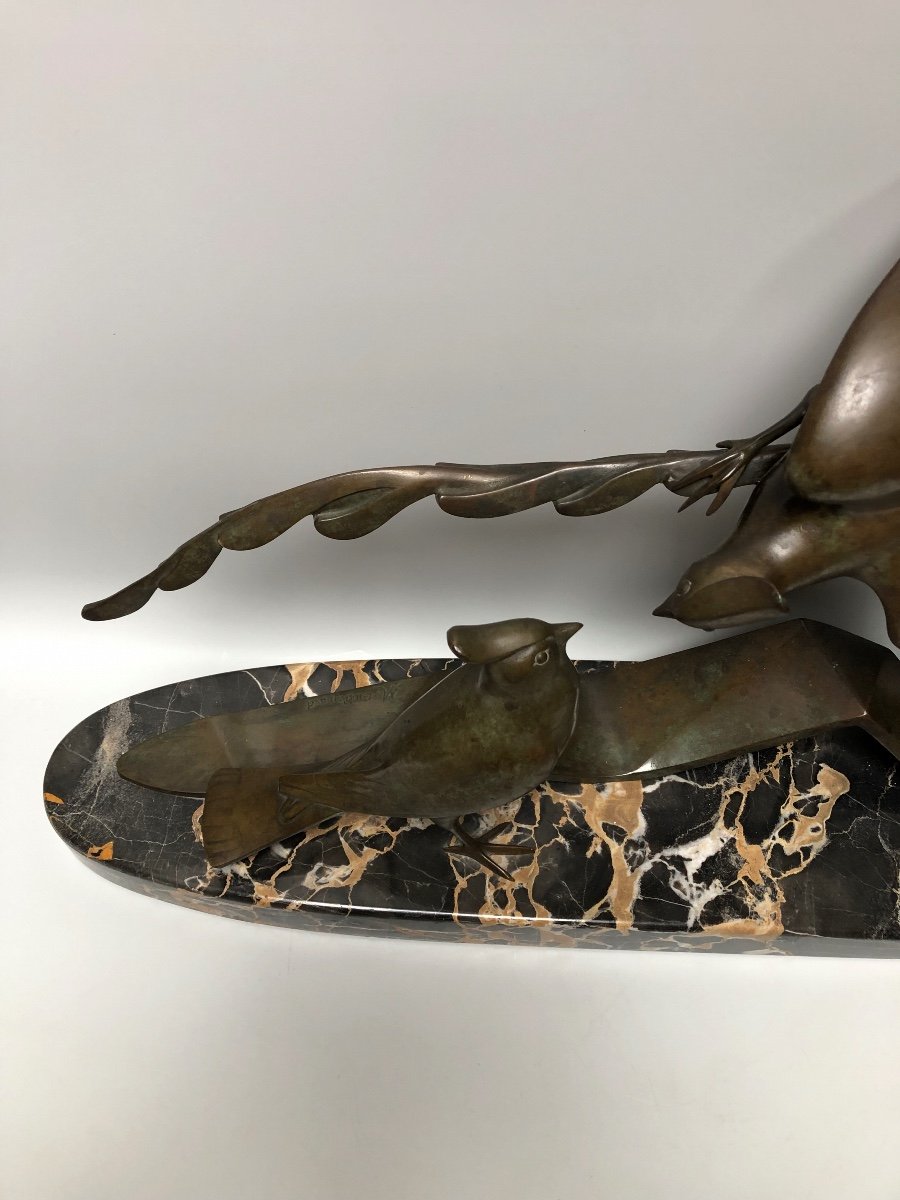 Sculpture En Bronze Art Déco Mésanges Huppées Signée M. Guillemard-photo-1