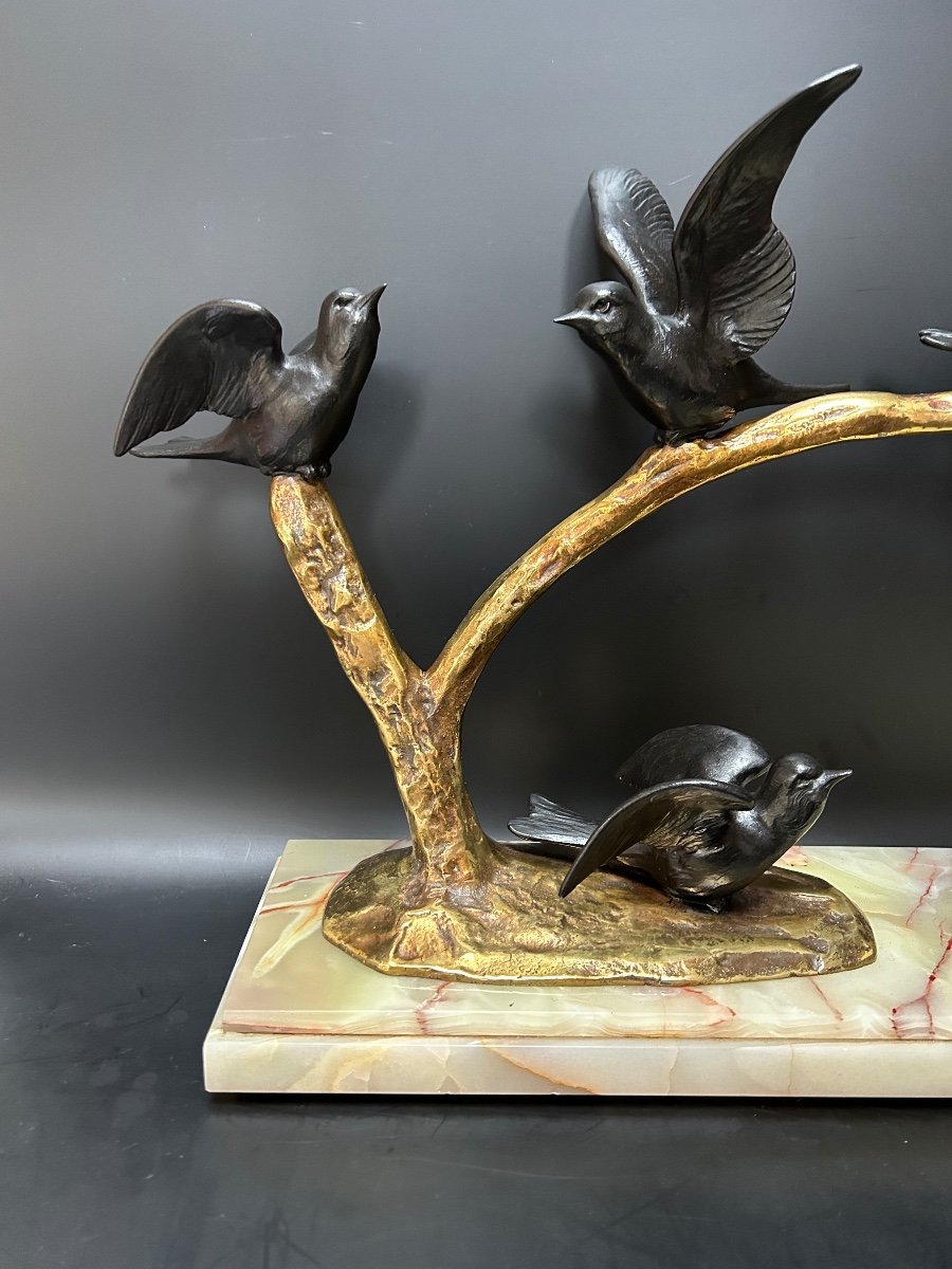 Sculpture Art Déco 6 Oiseaux Sur Une Branche Signée Bezin -photo-2
