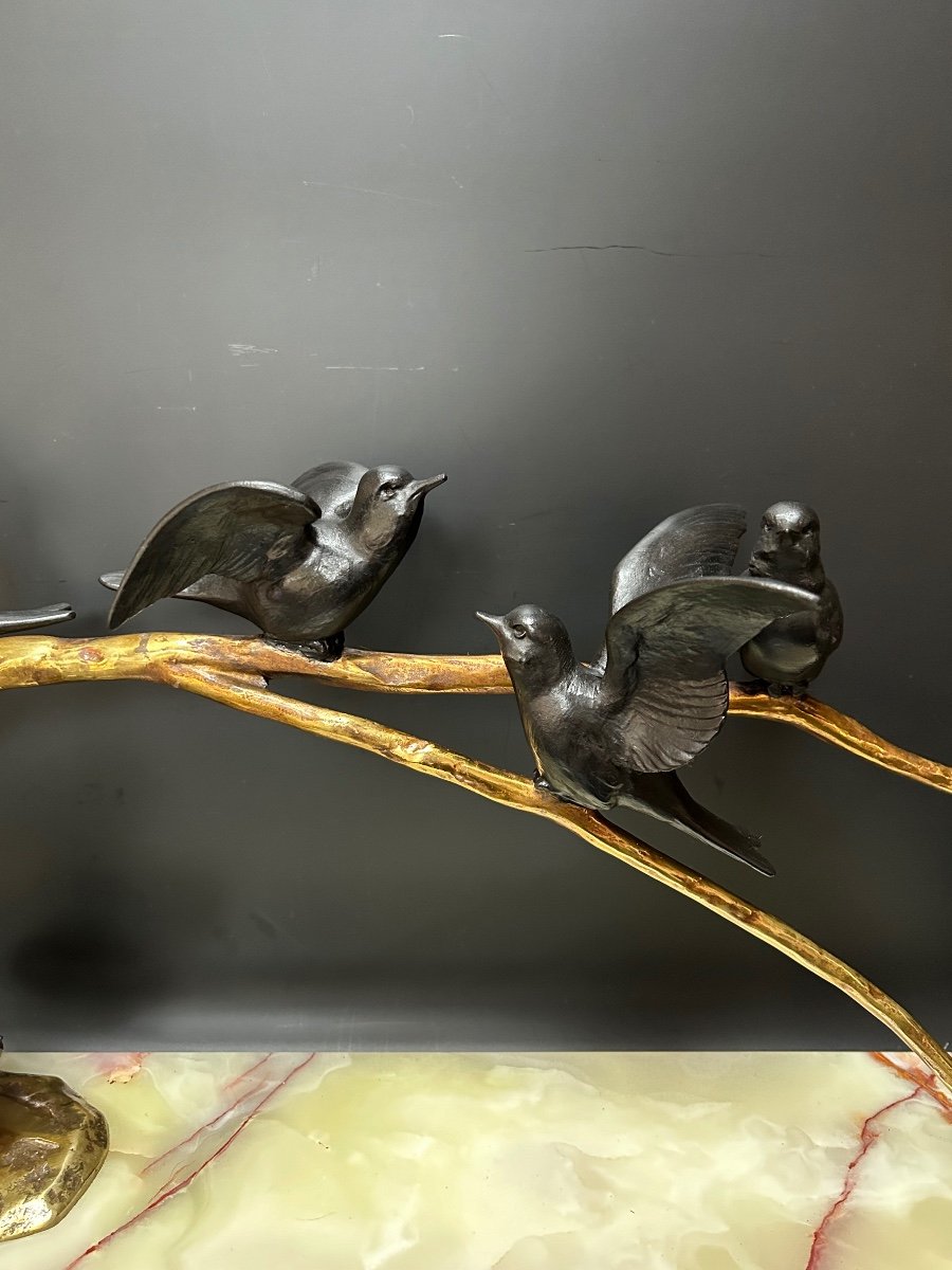 Sculpture Art Déco 6 Oiseaux Sur Une Branche Signée Bezin -photo-3