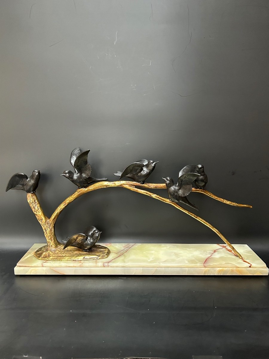 Sculpture Art Déco 6 Oiseaux Sur Une Branche Signée Bezin -photo-2
