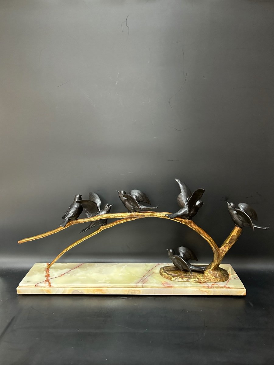 Sculpture Art Déco 6 Oiseaux Sur Une Branche Signée Bezin -photo-4