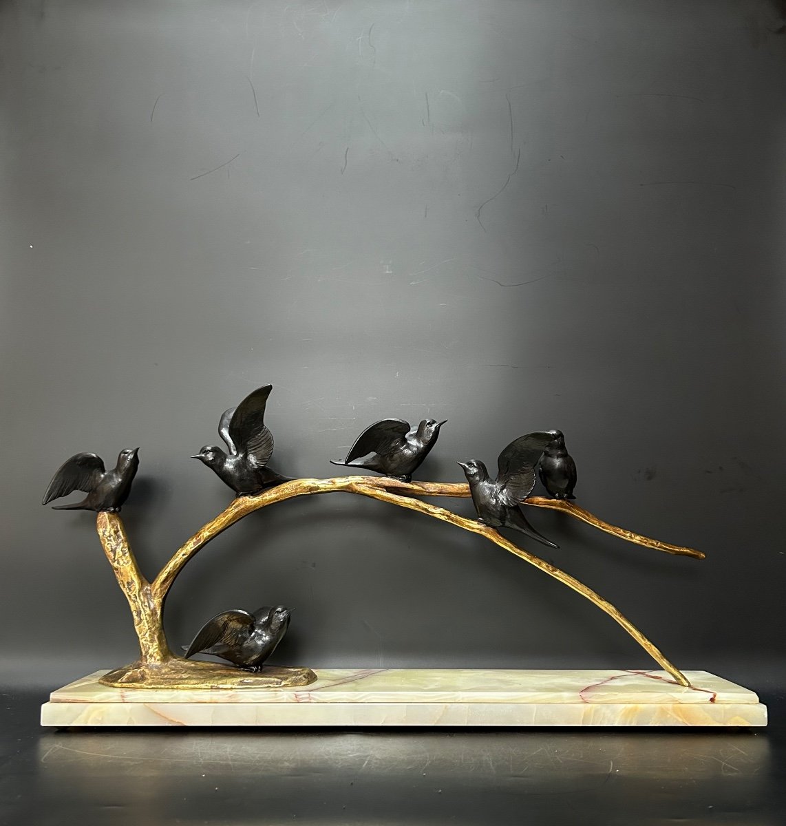 Sculpture Art Déco 6 Oiseaux Sur Une Branche Signée Bezin -photo-7