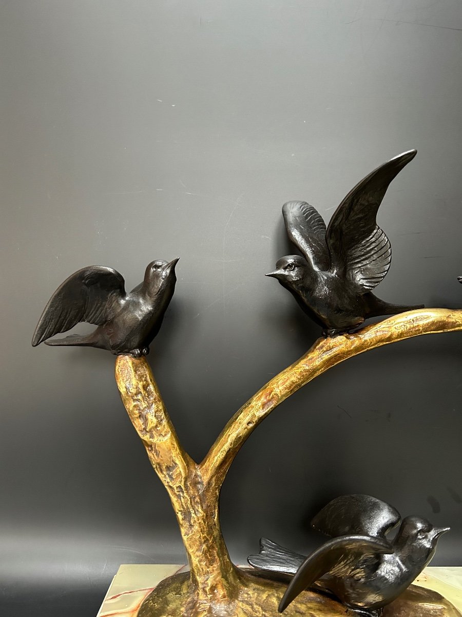 Sculpture Art Déco 6 Oiseaux Sur Une Branche Signée Bezin -photo-8