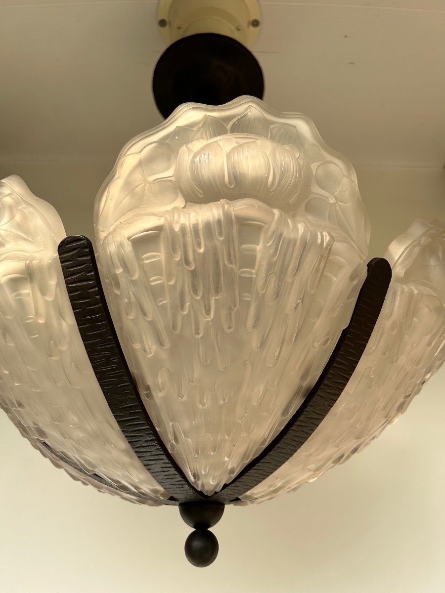 Art Deco Chandelier With 6 Molded Glass Plates Morin Et Cie-photo-2