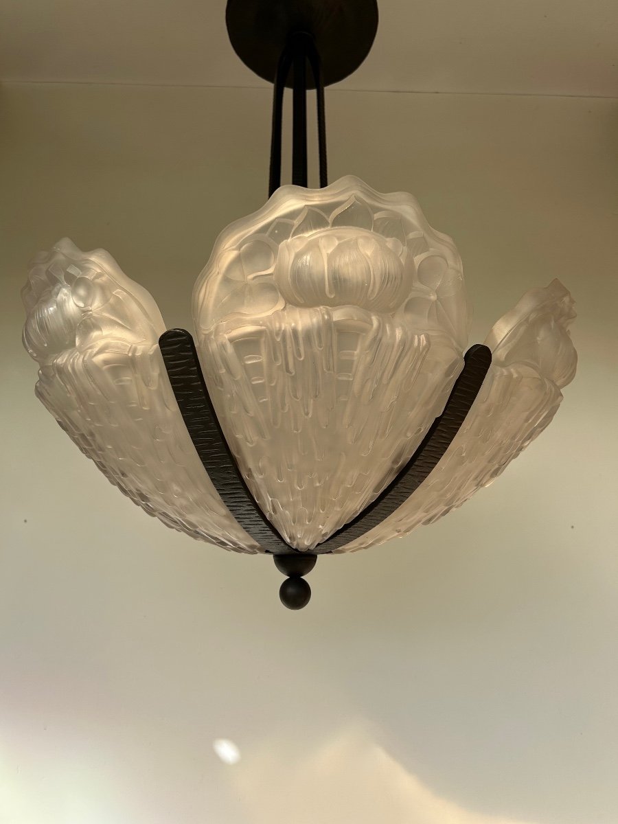 Art Deco Chandelier With 6 Molded Glass Plates Morin Et Cie-photo-3