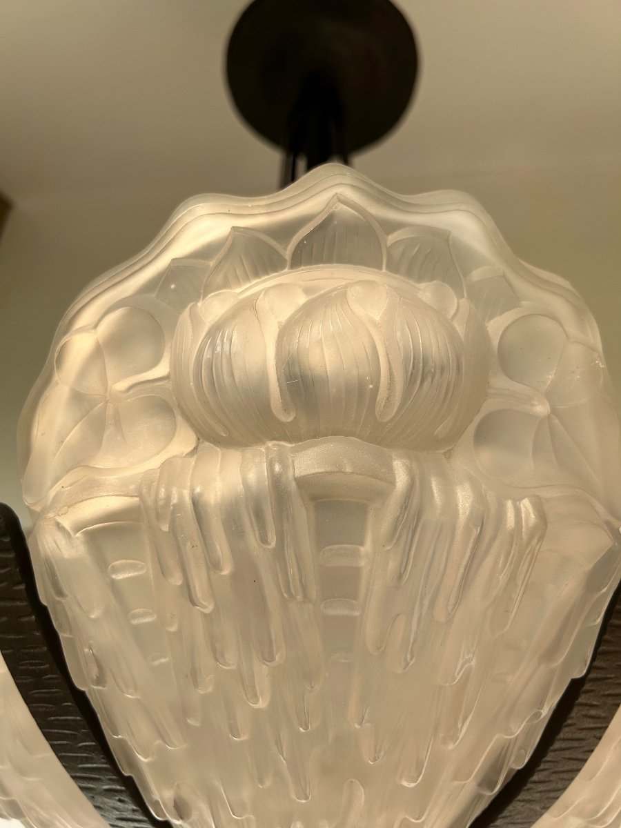 Art Deco Chandelier With 6 Molded Glass Plates Morin Et Cie-photo-4
