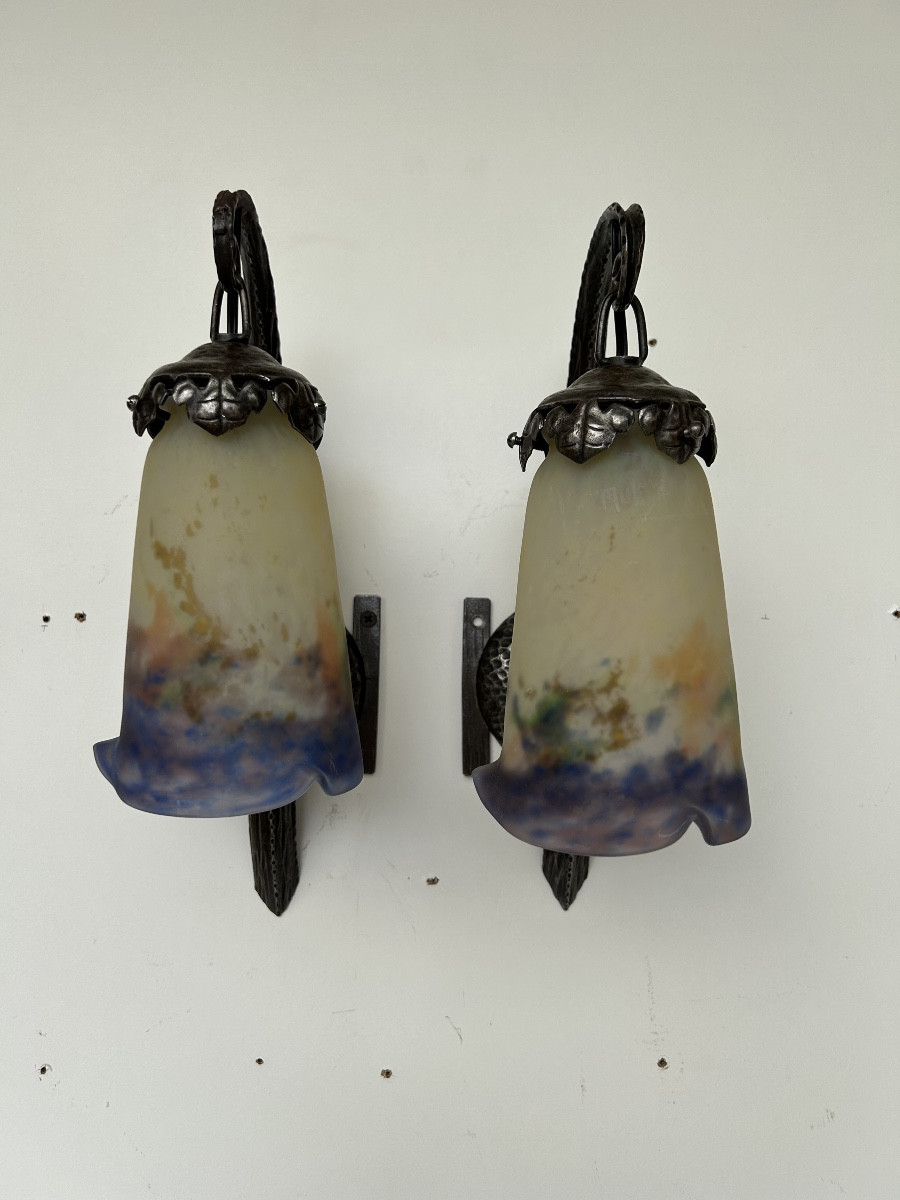 Pair Of Art Deco Sconces By Muller Frères Luneville-photo-2
