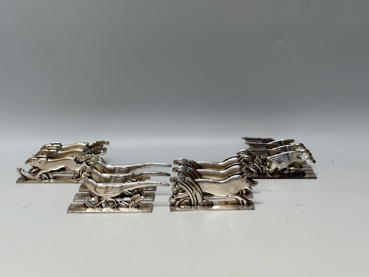 12 Art Deco Knife Holders In Silver-plated Metal-photo-2