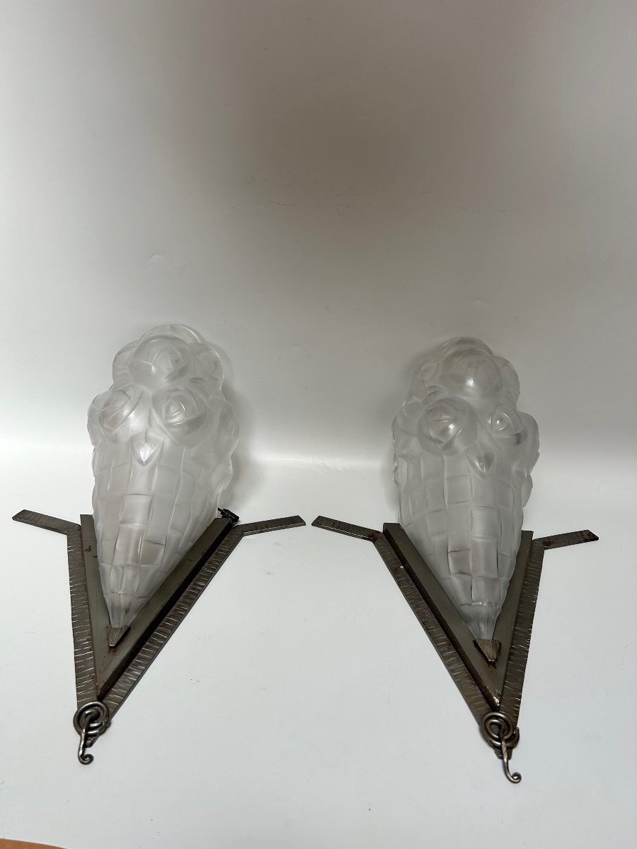 Pair Of Art Deco Wall Sconces Signed By Degué-photo-3
