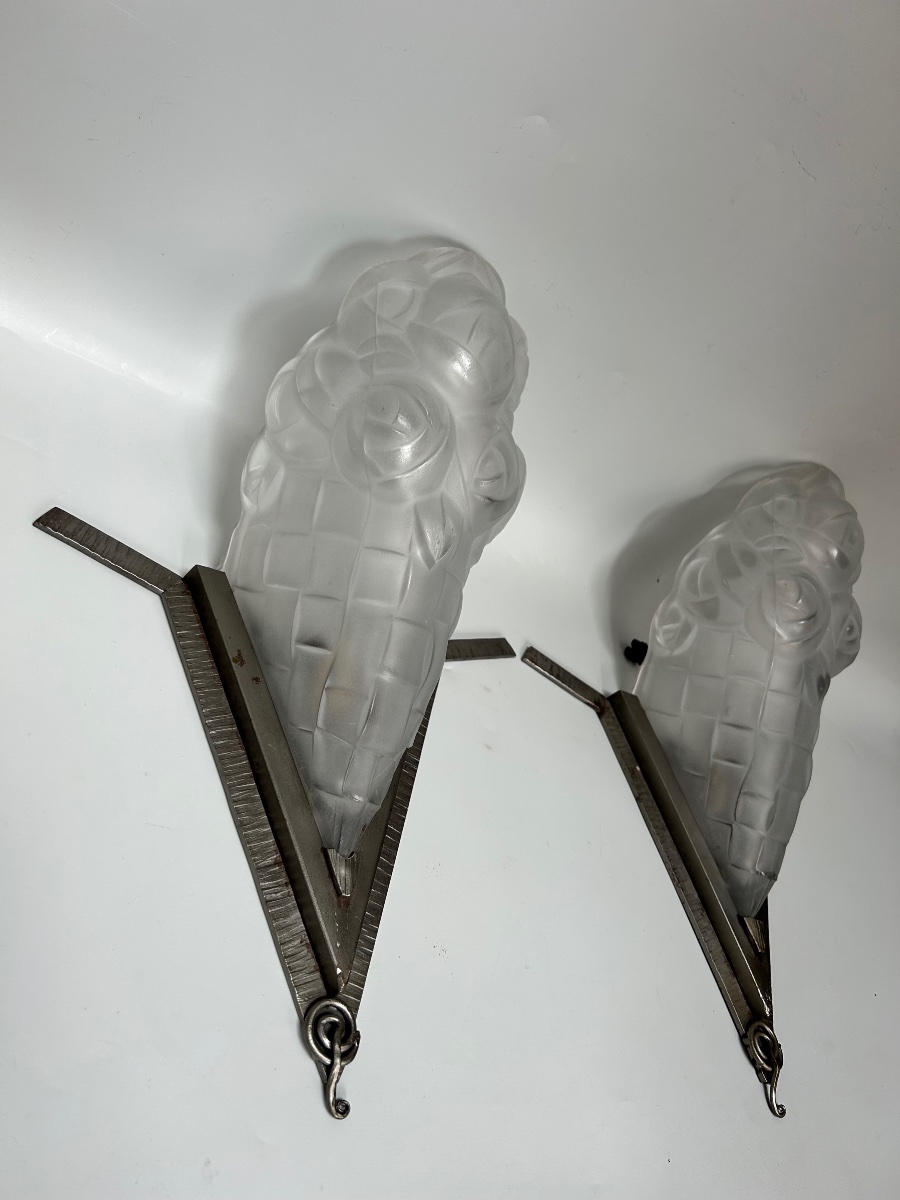 Pair Of Art Deco Wall Sconces Signed By Degué-photo-5