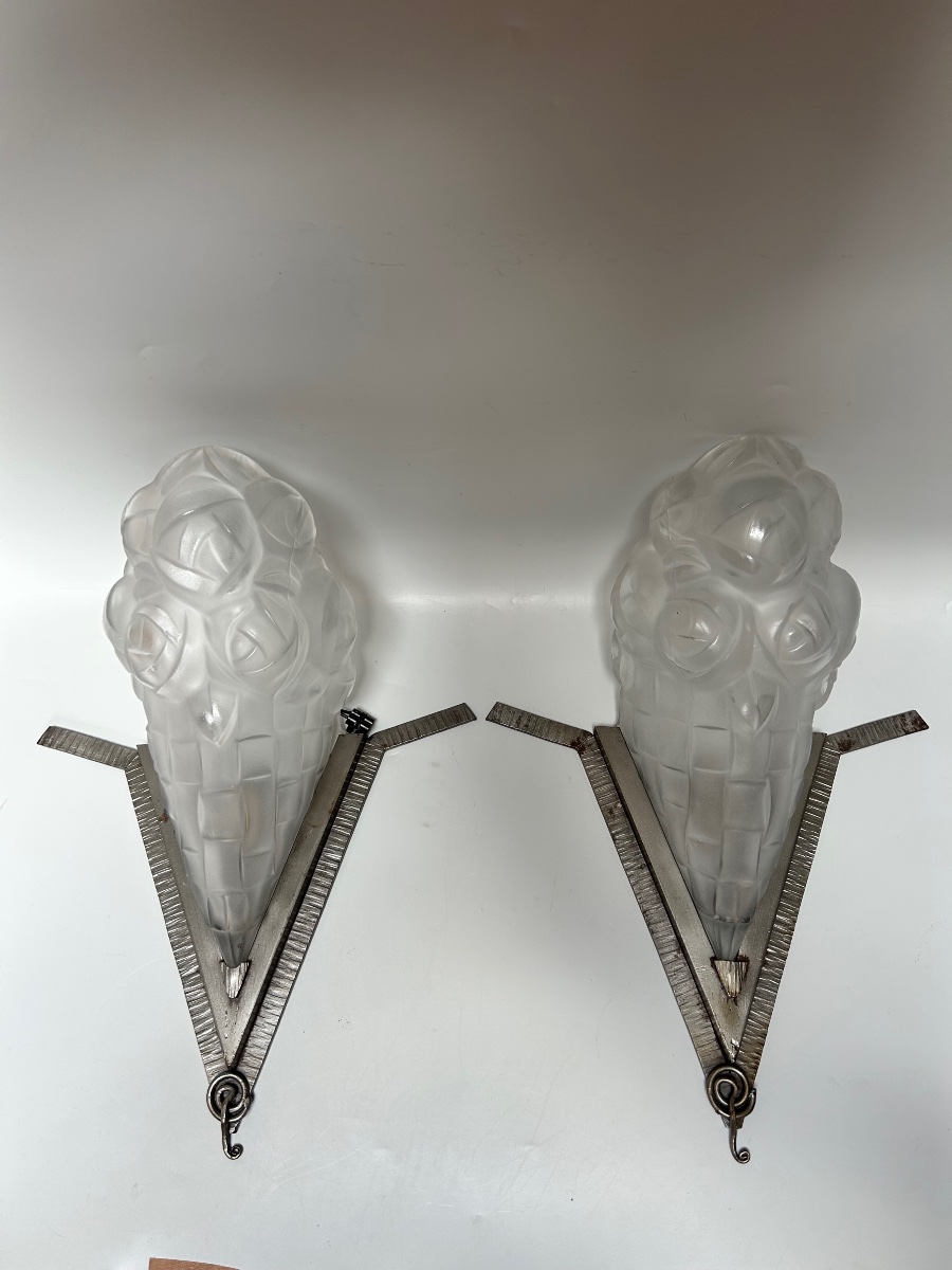 Pair Of Art Deco Wall Sconces Signed By Degué
