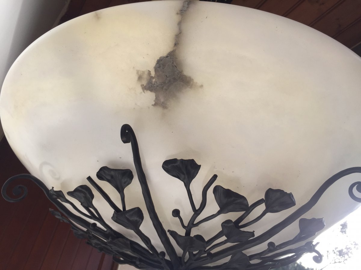 Art Deco Chandelier Wrought Iron And Alabaster-photo-2