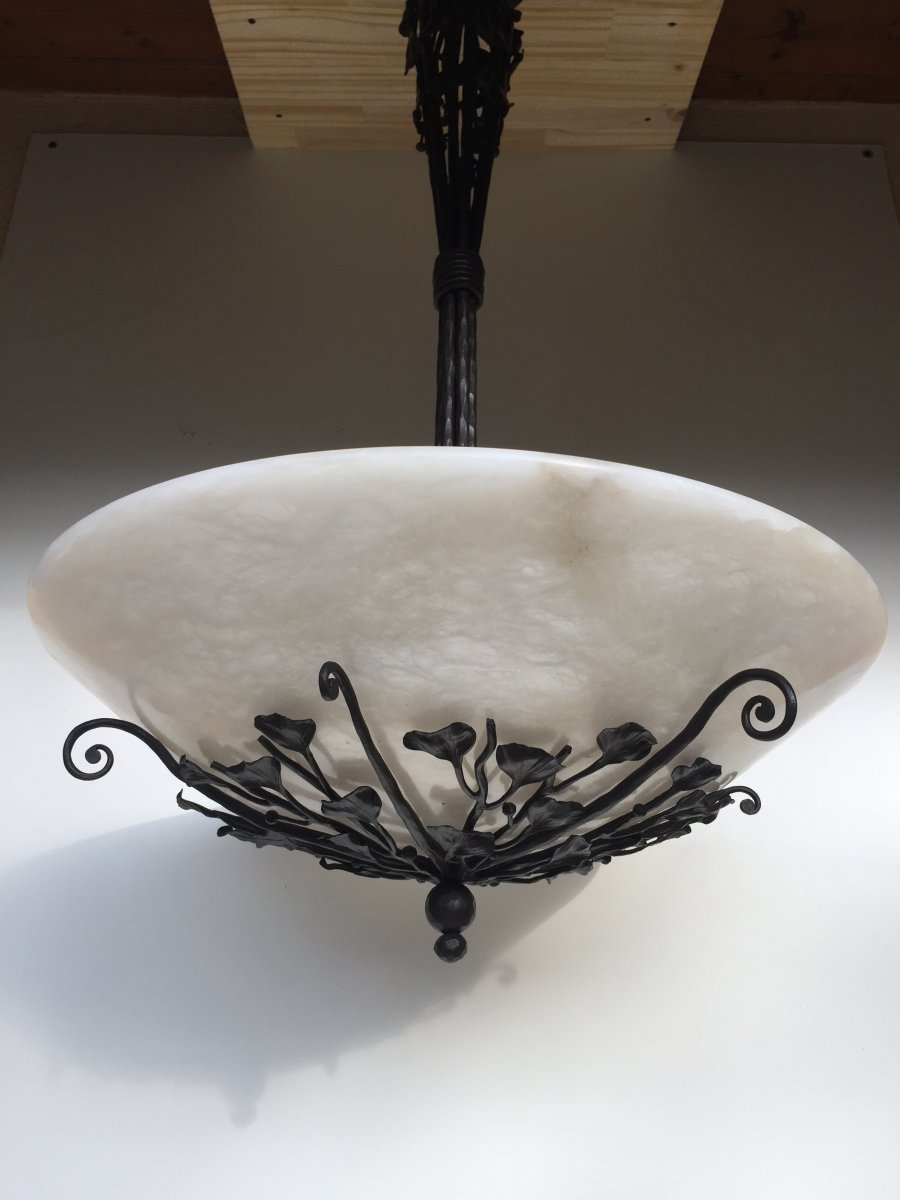 Art Deco Chandelier Wrought Iron And Alabaster-photo-3