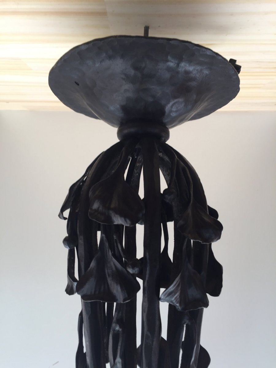 Art Deco Chandelier Wrought Iron And Alabaster-photo-6