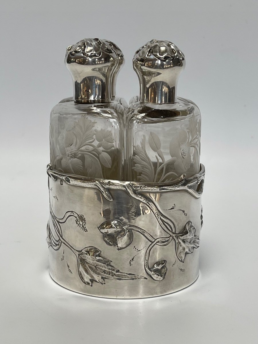 Silver Perfume Kit 4 Art Nouveau Flasks-photo-2