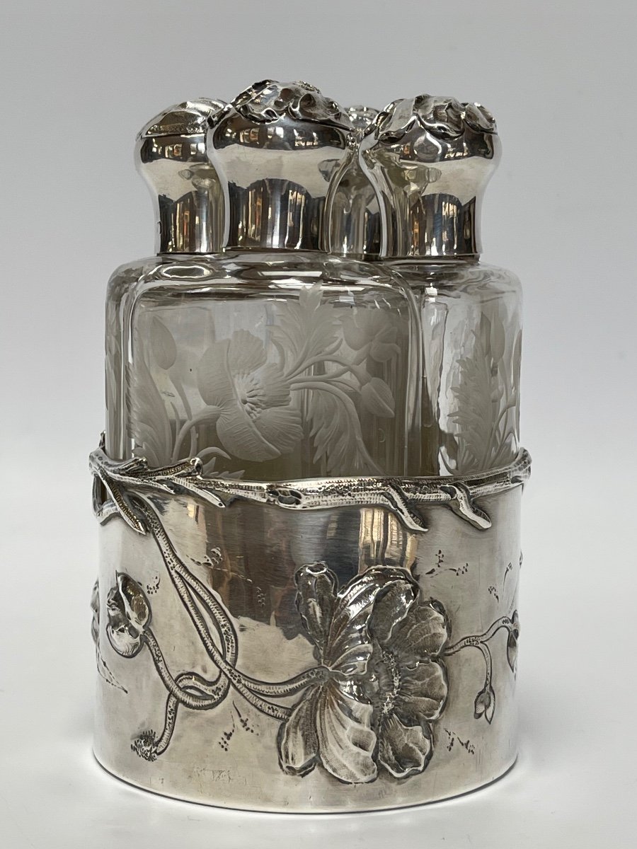 Silver Perfume Kit 4 Art Nouveau Flasks-photo-3