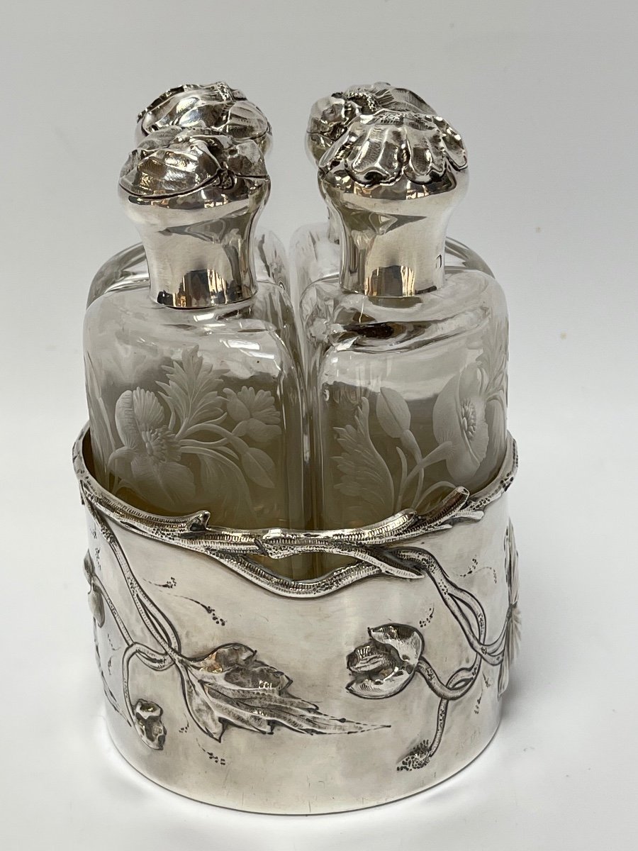 Silver Perfume Kit 4 Art Nouveau Flasks-photo-4