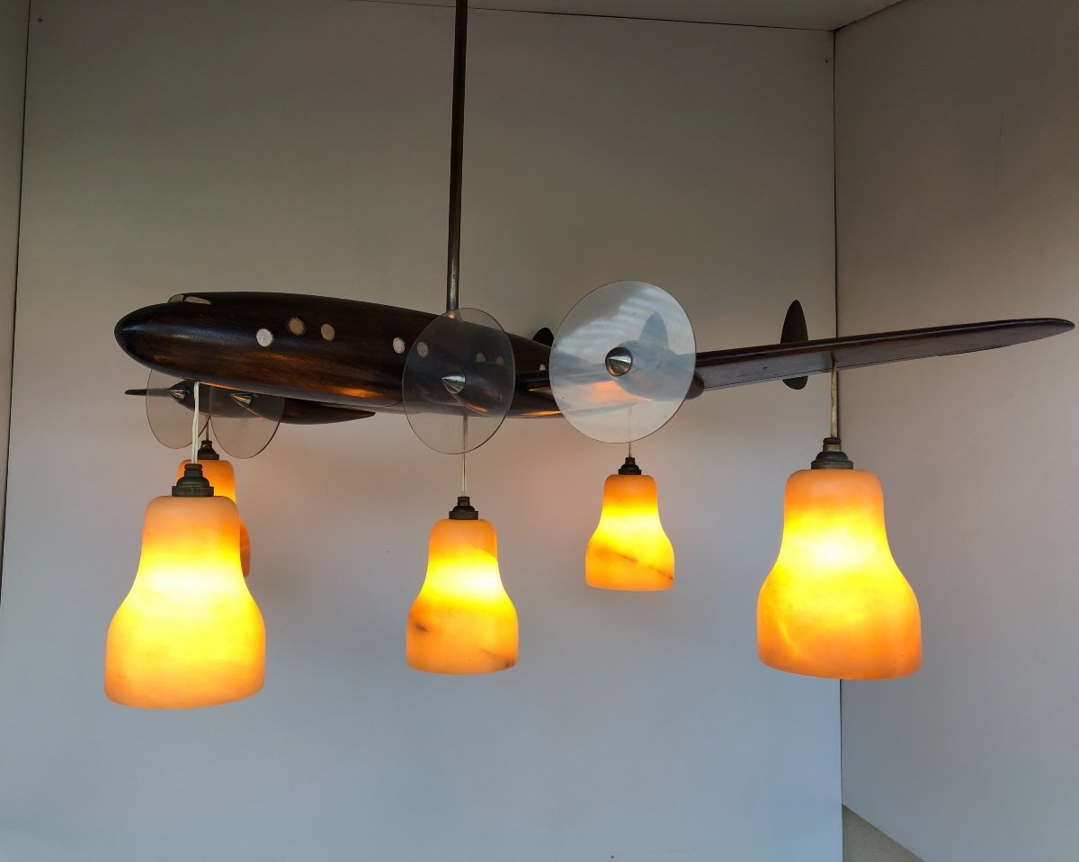 Lustre Art Déco  Avion En Bois Sculptés 5 Lumières