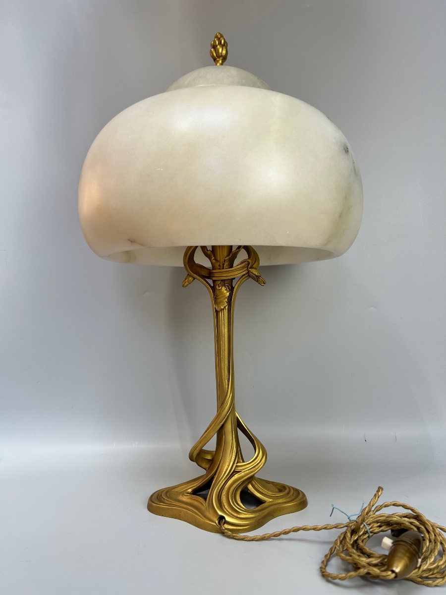 Majorelle grande Et Rare Lampe Art Nouveau Bronze Et Albâtre-photo-2