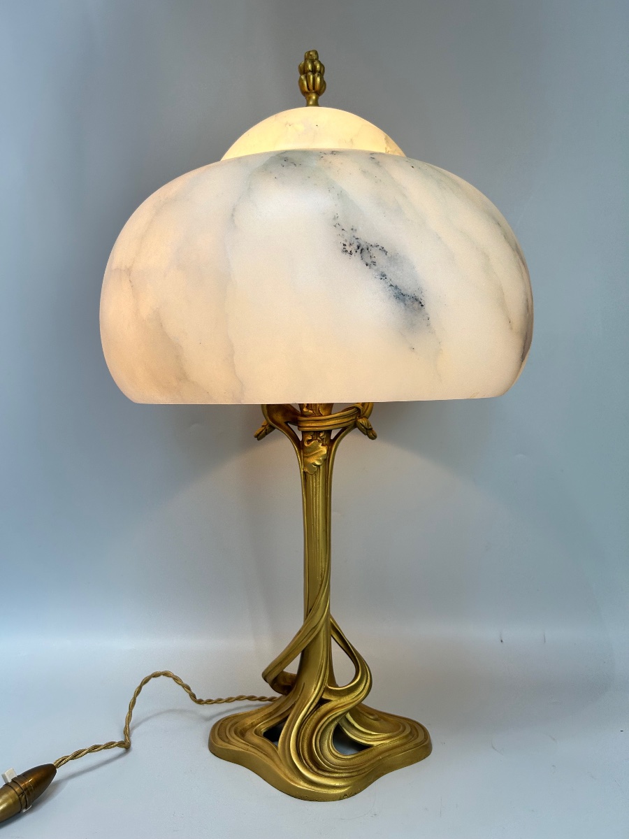 Majorelle grande Et Rare Lampe Art Nouveau Bronze Et Albâtre-photo-4
