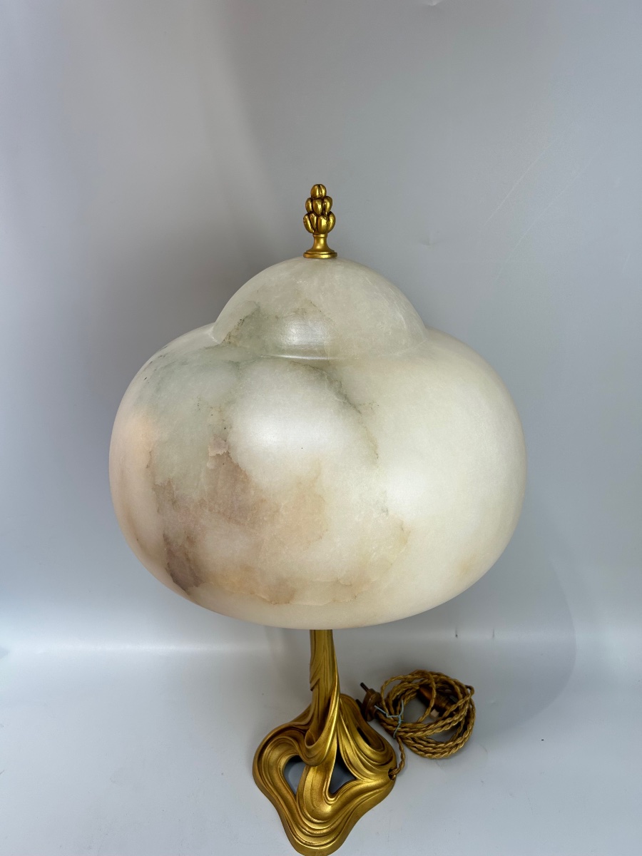 Majorelle grande Et Rare Lampe Art Nouveau Bronze Et Albâtre-photo-2