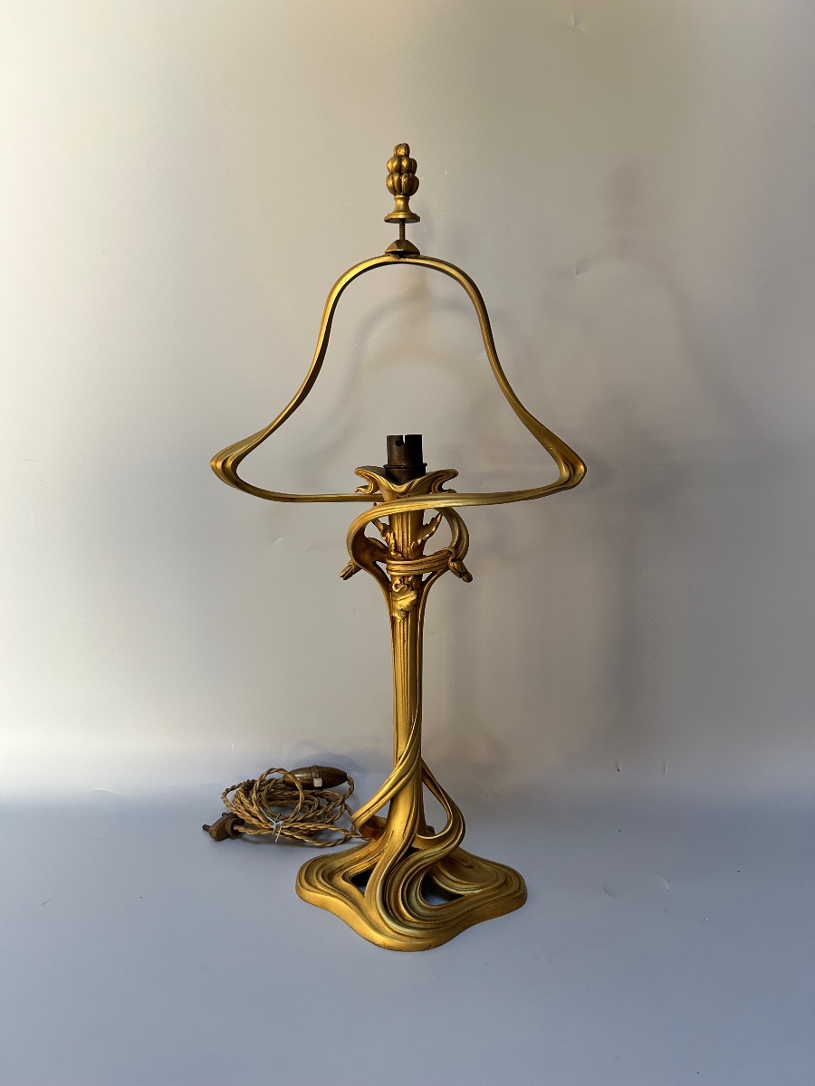 Majorelle grande Et Rare Lampe Art Nouveau Bronze Et Albâtre-photo-3