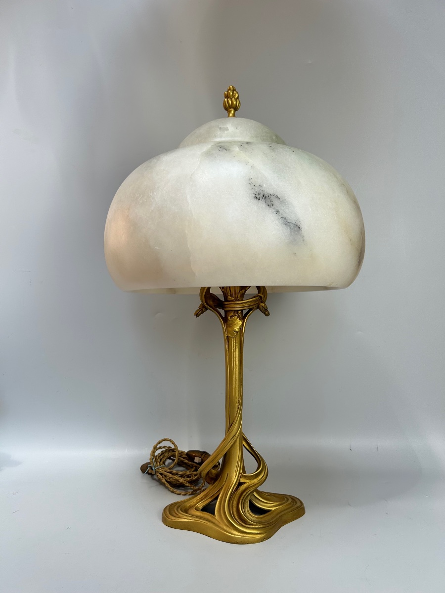 Majorelle grande Et Rare Lampe Art Nouveau Bronze Et Albâtre