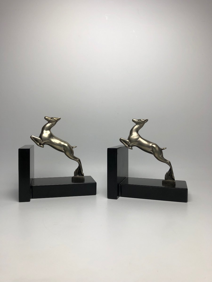 Pair Of Art Deco Bookends In Silver Bronze-photo-4