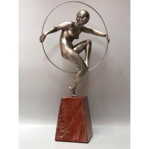 Marcel André Bouraine Bronze Art Déco Danseuse Au Cerceau 