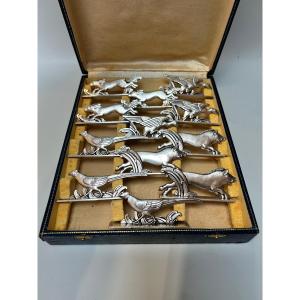 12 Art Deco Knife Holders In Silver-plated Metal