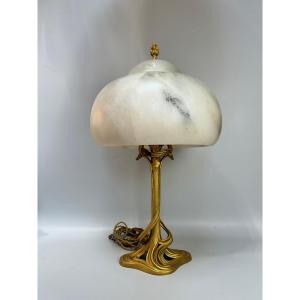 Majorelle Rare Art Nouveau Bronze And Alabaster Lamp