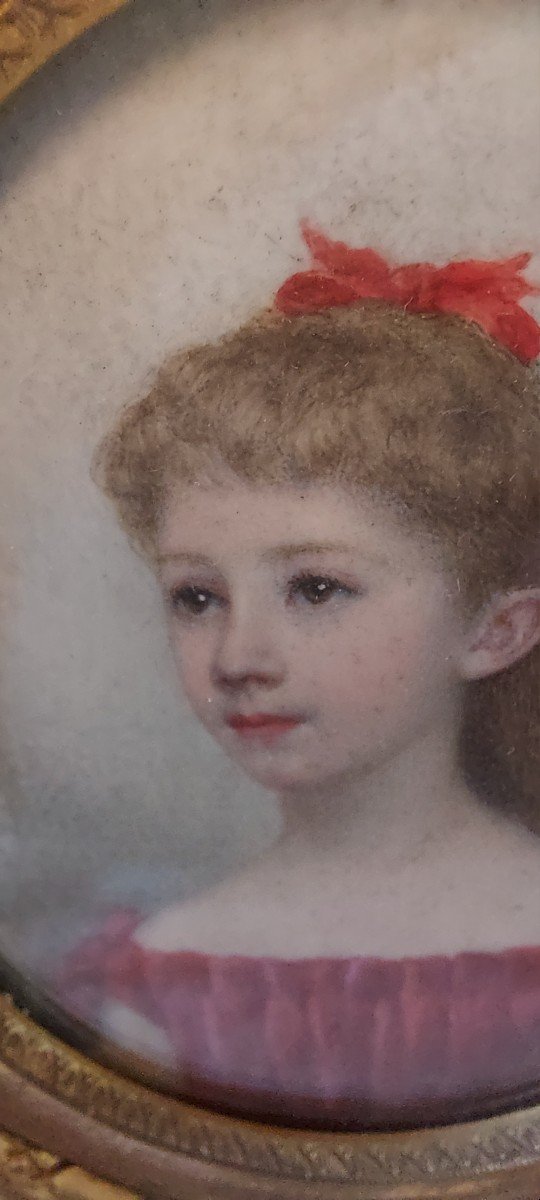 Portrait Miniature d'Isabelle De Serre De Saint Romain à l'âge De 8 Ans En 1888 Signé C Monti-photo-2