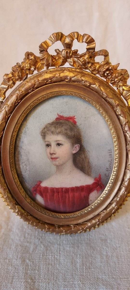Portrait Miniature d'Isabelle De Serre De Saint Romain à l'âge De 8 Ans En 1888 Signé C Monti-photo-3