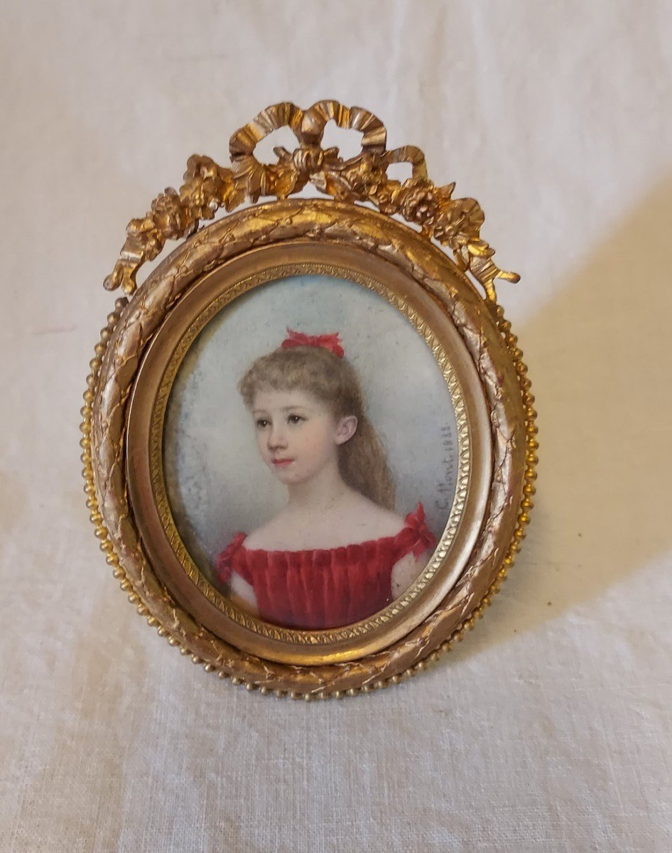 Portrait Miniature d'Isabelle De Serre De Saint Romain à l'âge De 8 Ans En 1888 Signé C Monti