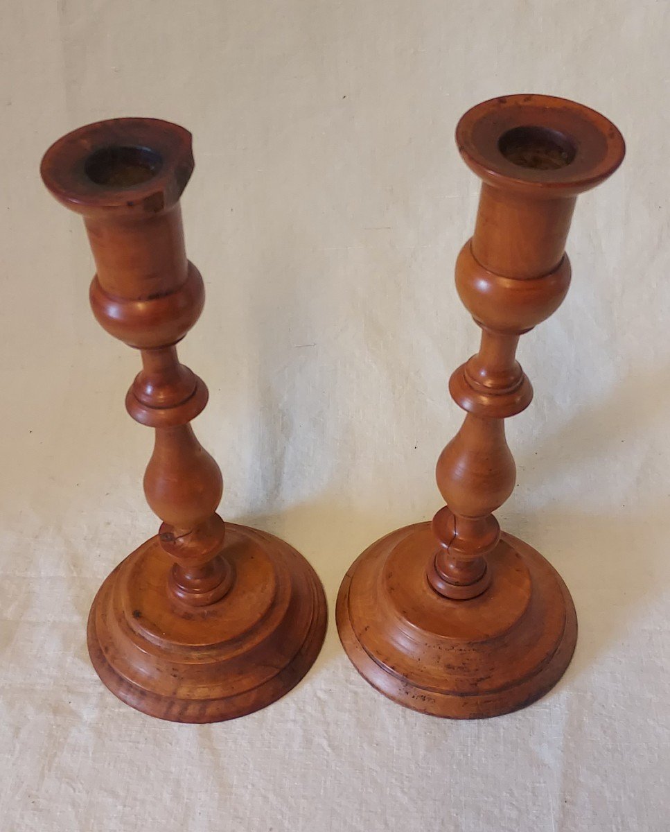 Pair Of Turned Boxwood Candlesticks From The 19th Century -photo-4
