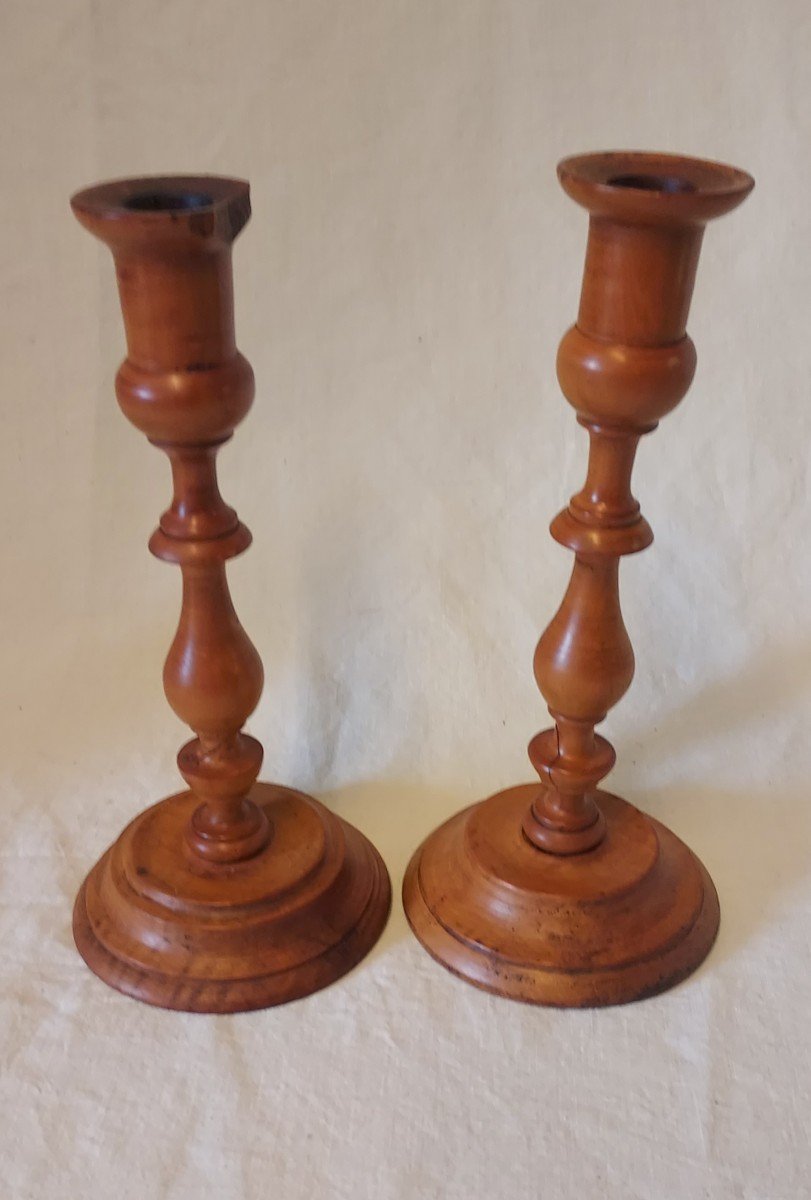 Pair Of Turned Boxwood Candlesticks From The 19th Century 