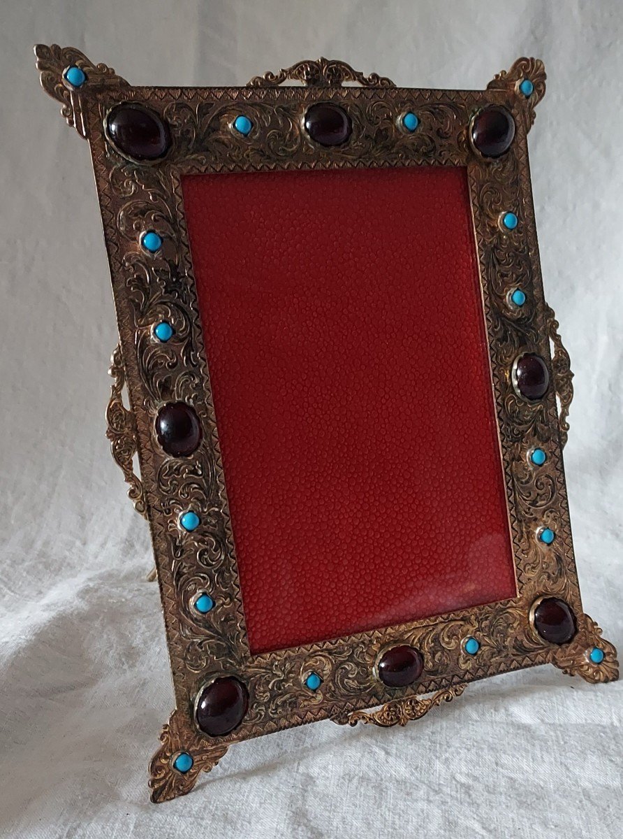 Austro Hungarian Photo Frame In Gilt Bronze Set With Garnet Red And Turquois Glass Cabochons