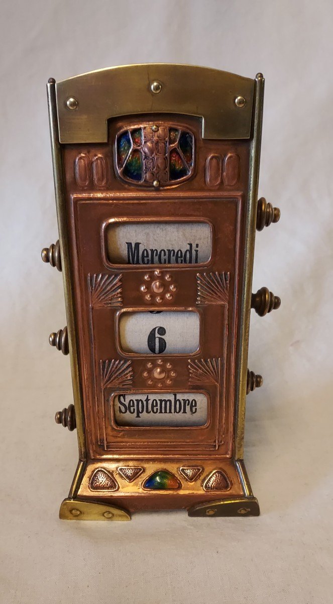 Jugendstil Perpetual Calendar In Copper, Brass And Enamel Early 20th Century 